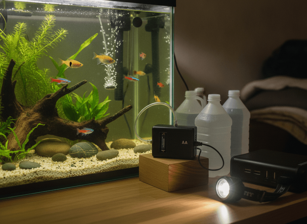 Freshwater aquarium with a battery air pump, thermometer, water containers, and power bank