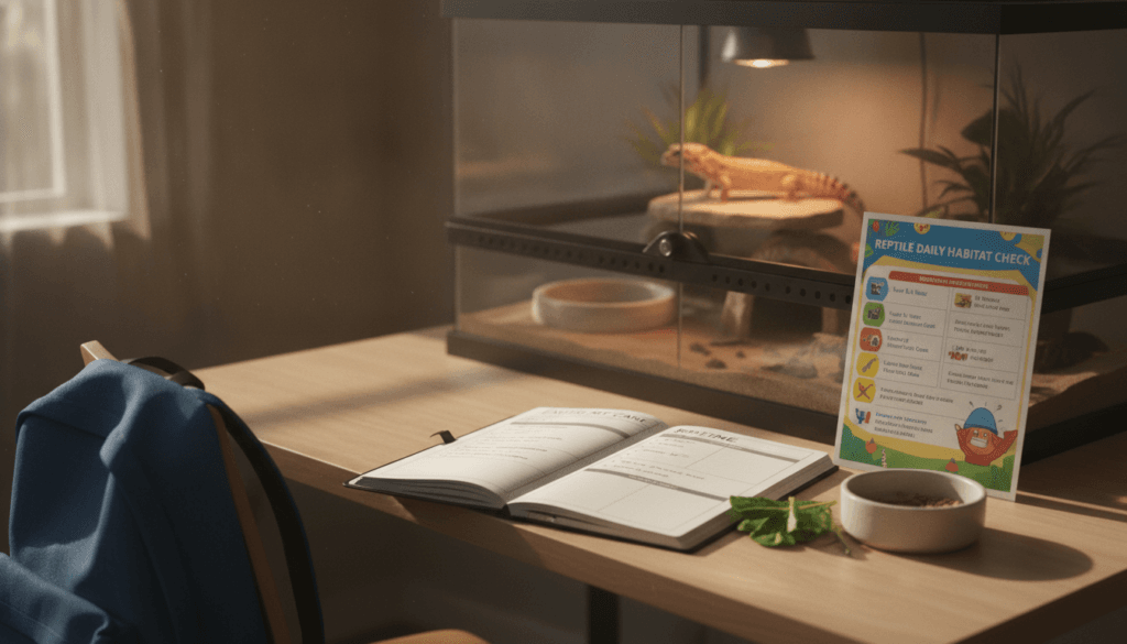 A tidy exotic pet care planner beside a secure habitat during a seasonal routine change