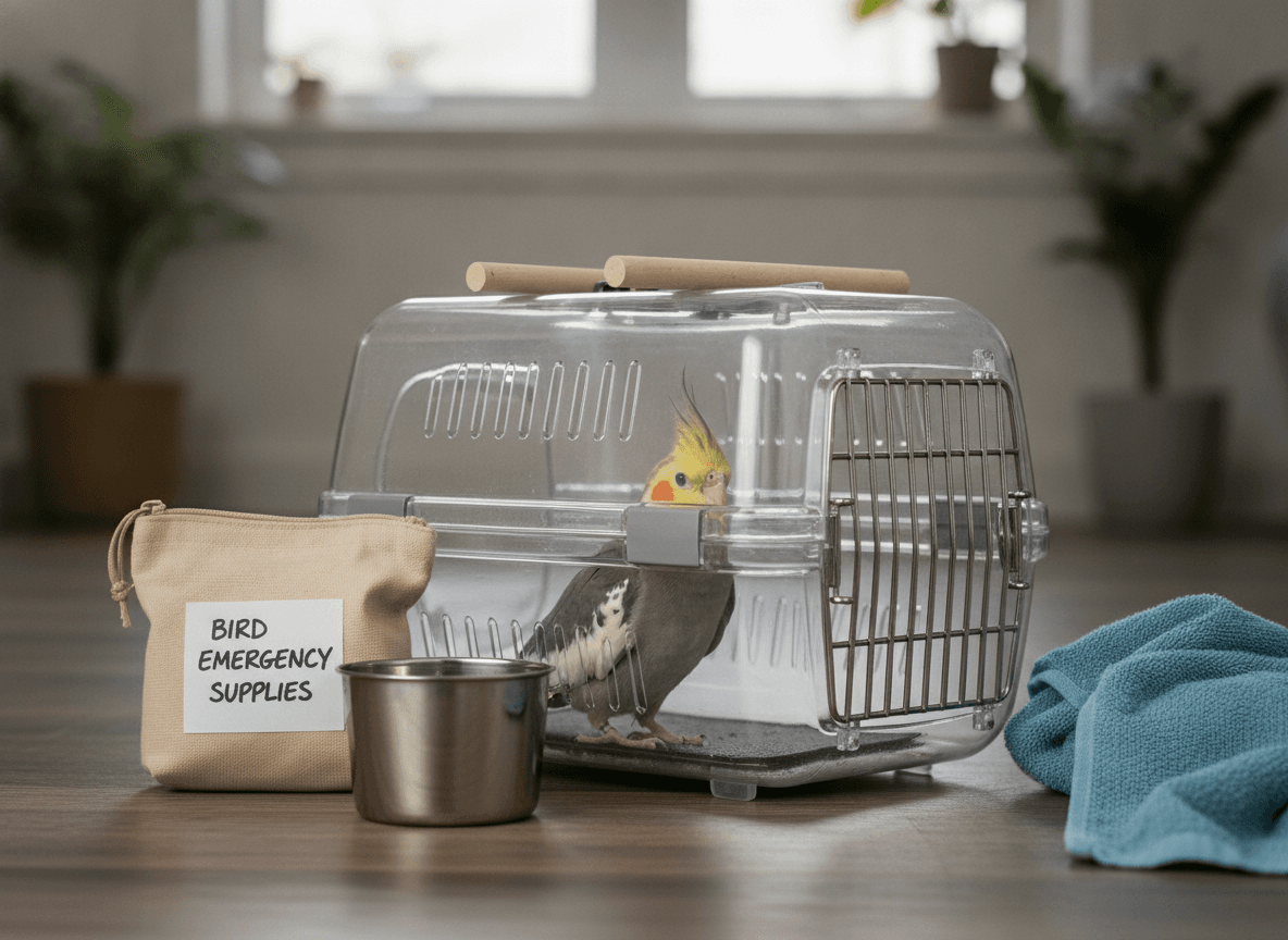 Secure bird travel carrier with emergency supplies