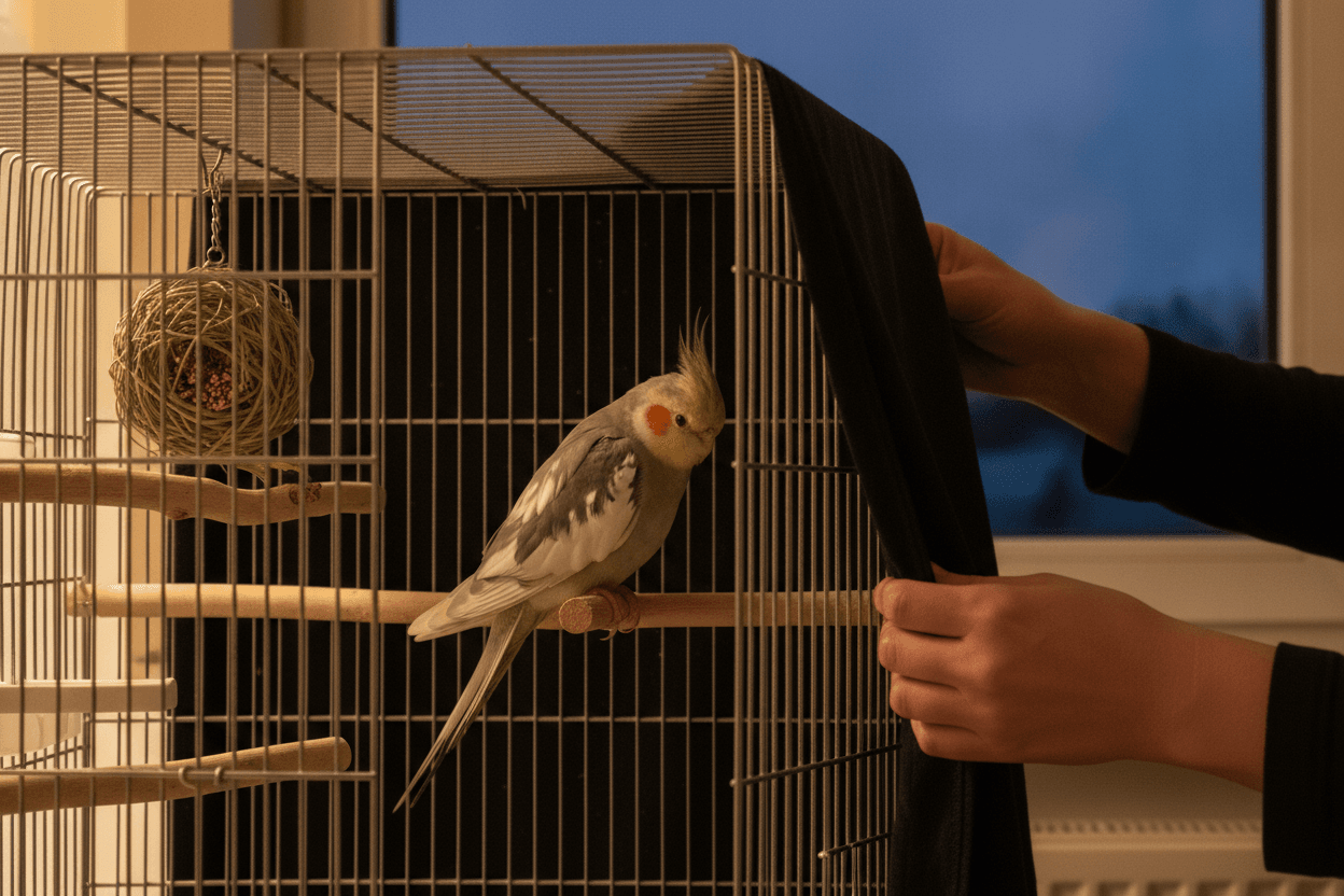 Cockatiel evening routine with safe perches
