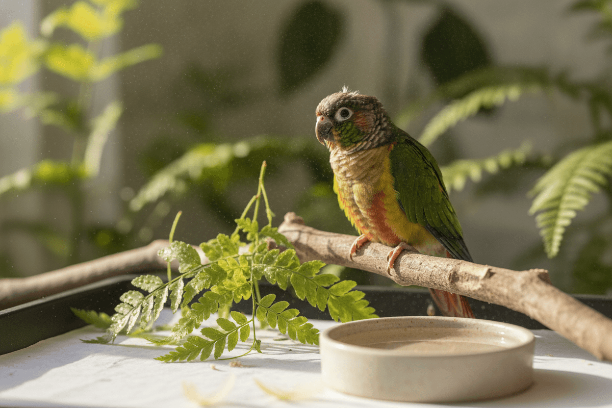 A conure calmly choosing to bathe beside a shallow clean water dish