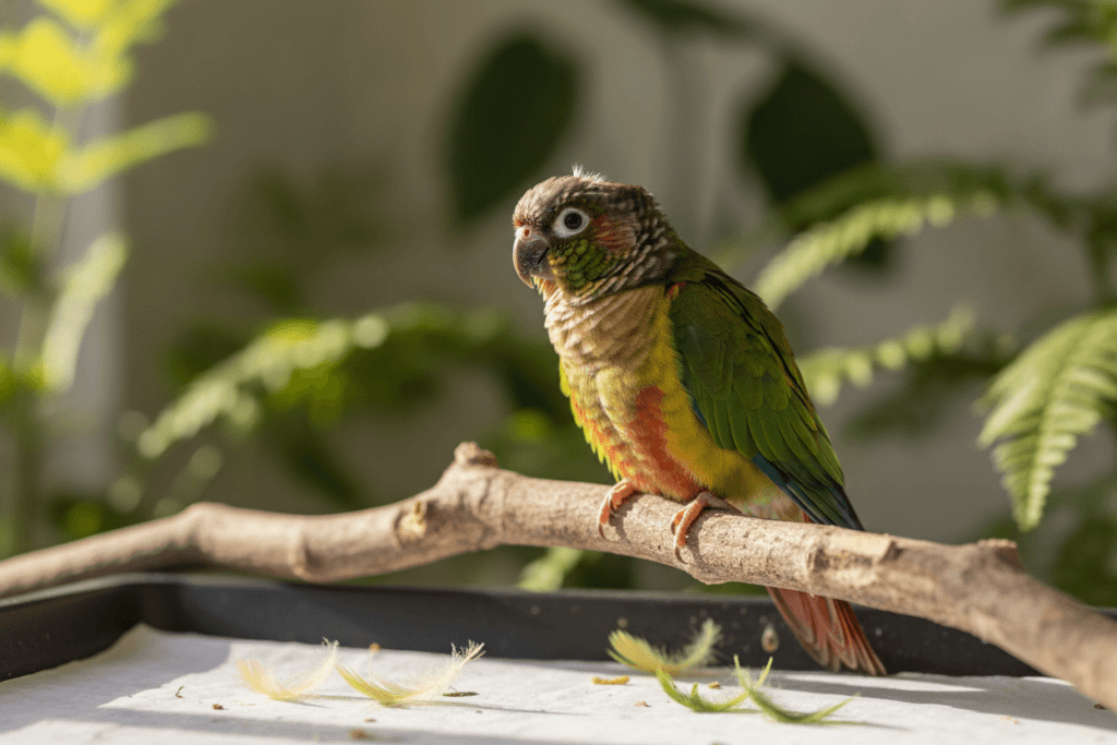 Healthy green-cheeked conure during a normal molt, perched calmly in a bright home aviary
