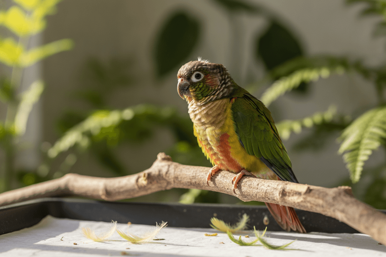 Healthy green-cheeked conure during a normal molt, perched calmly in a bright home aviary