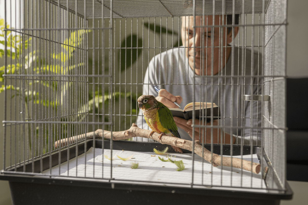 A bird caregiver quietly records feather observations while a conure rests on a perch