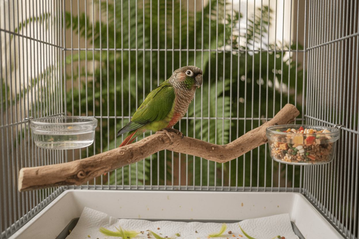 A healthy conure resting in a tidy cage with fresh water and its usual food