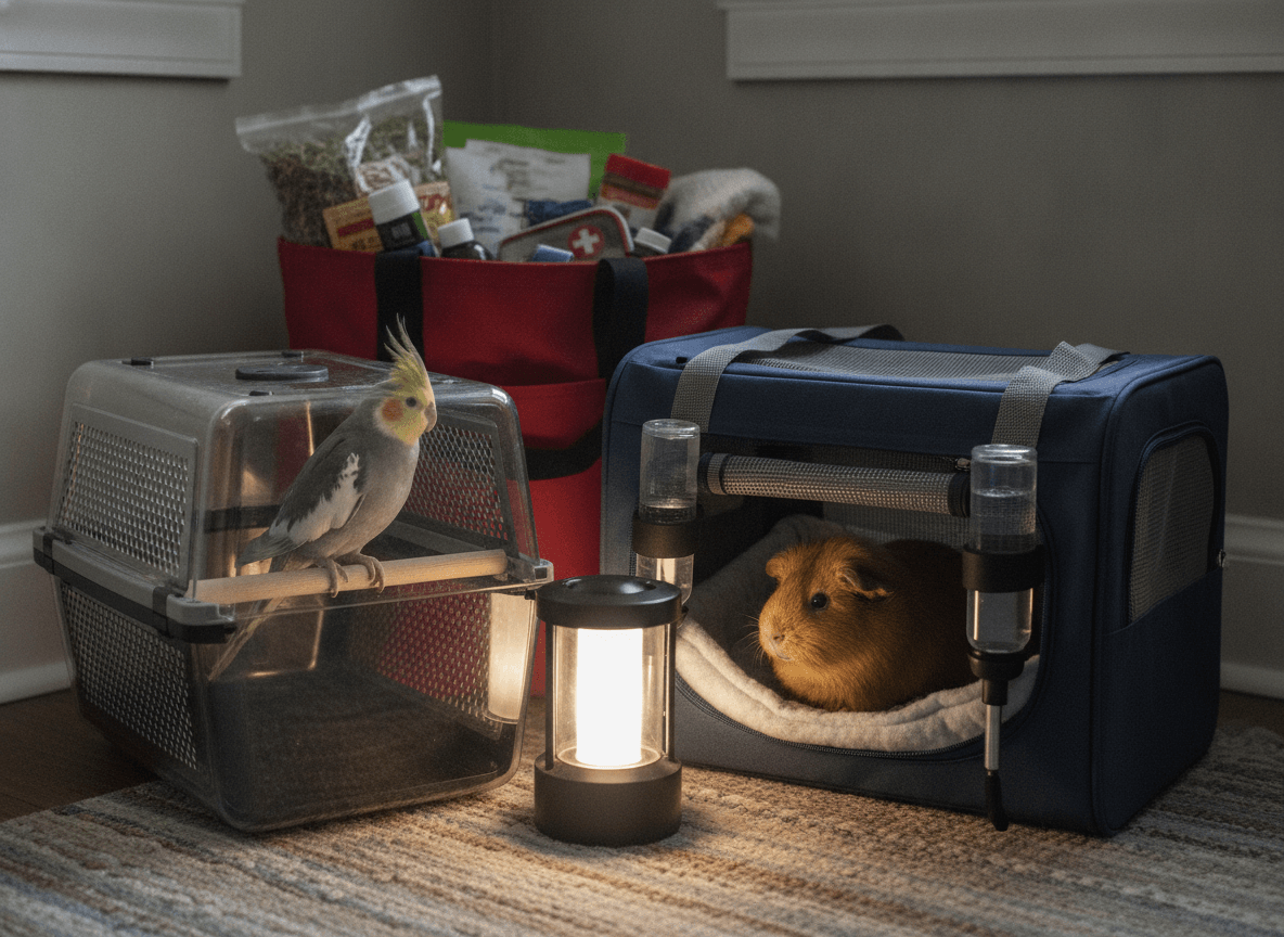 Cockatiel and small mammal carrier beside emergency supplies during a power outage