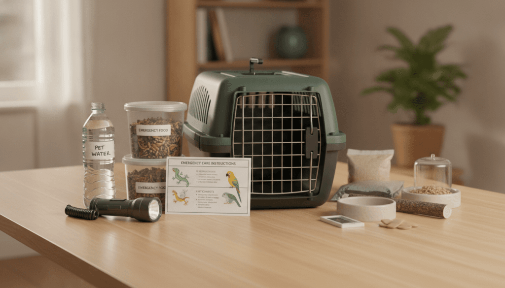 Exotic pet emergency kit with carrier, water, food, and care supplies