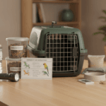 Exotic pet emergency kit with carrier, water, food, and care supplies