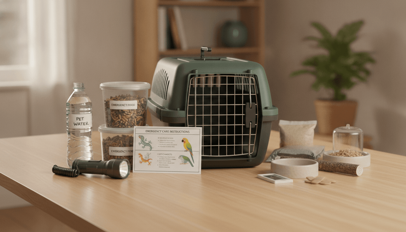 Exotic pet emergency kit with carrier, water, food, and care supplies