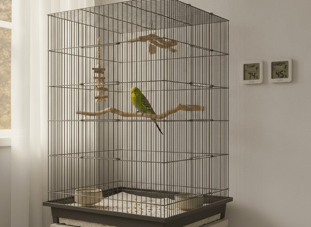 Small parrot in a clean enclosure near indoor air and humidity monitors