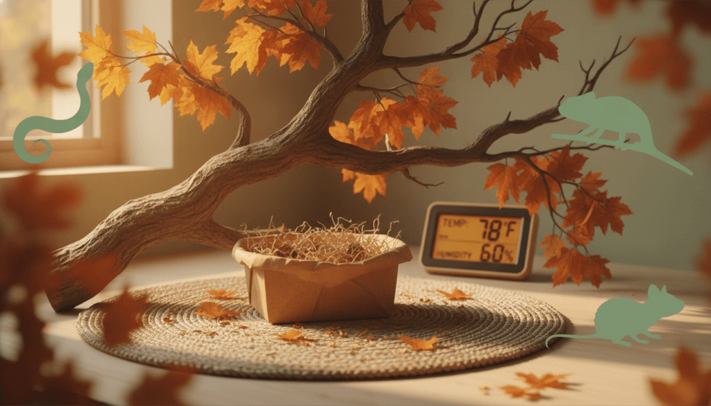 Indoor autumn enrichment station for exotic pets with foraging materials, safe branches, and habitat supplies