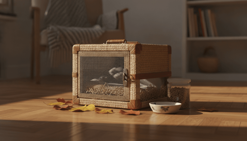 A secure exotic pet travel carrier prepared in a calm home with autumn light