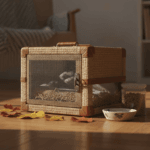 A secure exotic pet travel carrier prepared in a calm home with autumn light