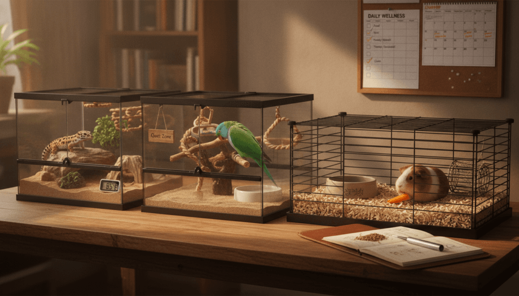 Leopard gecko, small parrot, and guinea pig in separate safe habitats beside an autumn care checklist