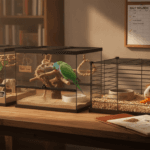 Leopard gecko, small parrot, and guinea pig in separate safe habitats beside an autumn care checklist