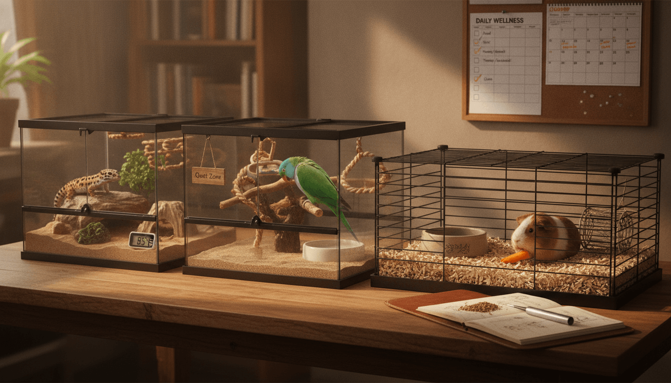 Leopard gecko, small parrot, and guinea pig in separate safe habitats beside an autumn care checklist