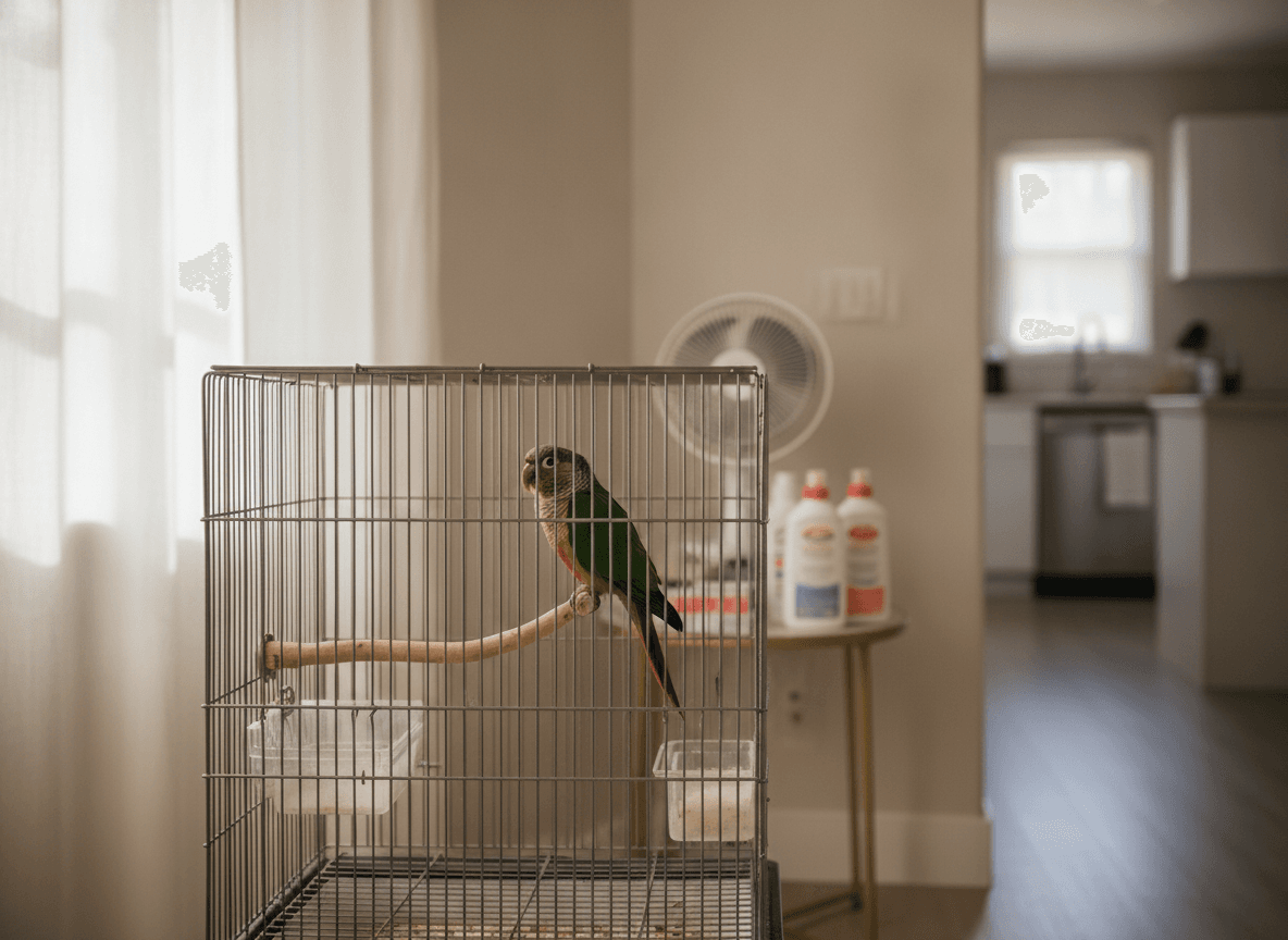 Pet bird in a clean indoor room with safe indirect airflow and covered household hazards