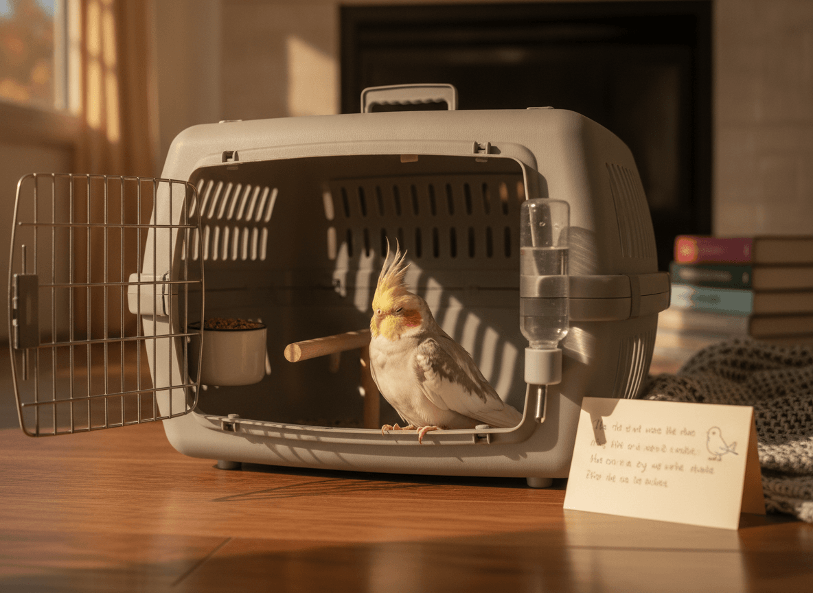 Cockatiel beside a secure travel carrier and familiar care supplies