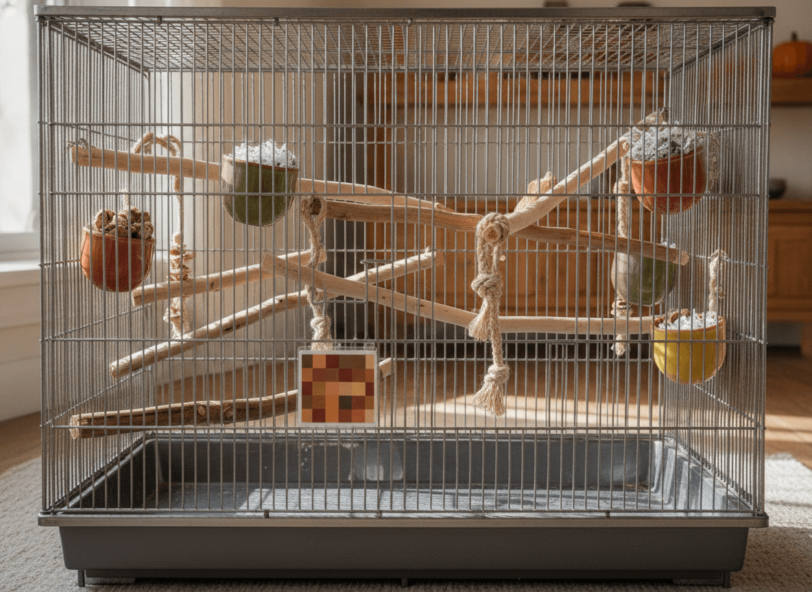 Pet bird enrichment setup with safe-looking foraging cups, paper, and natural perches