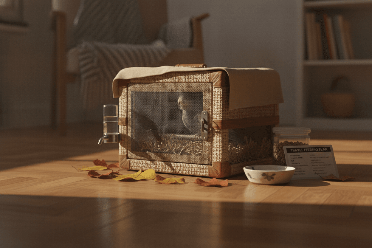 A calm pet bird travel carrier prepared with a stable perch and partial cover for an autumn trip