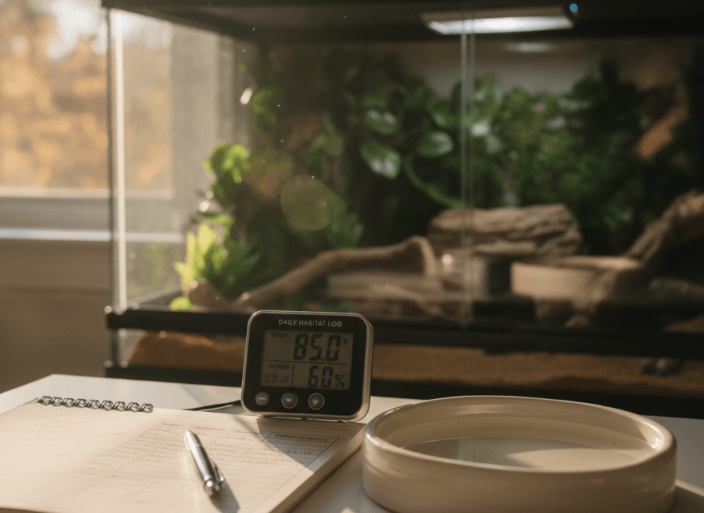 Digital thermometer and care log beside a clean reptile habitat