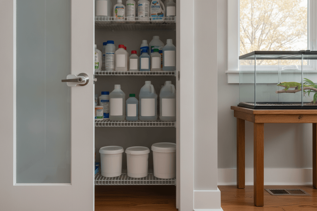 Pest-control products stored closed and out of reach, away from an exotic pet habitat