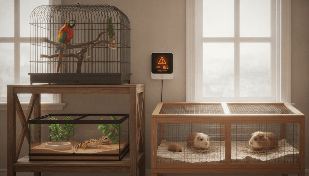 A parrot, gecko terrarium, and guinea pig habitat indoors with an air quality monitor during smoky weather