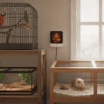 A parrot, gecko terrarium, and guinea pig habitat indoors with an air quality monitor during smoky weather