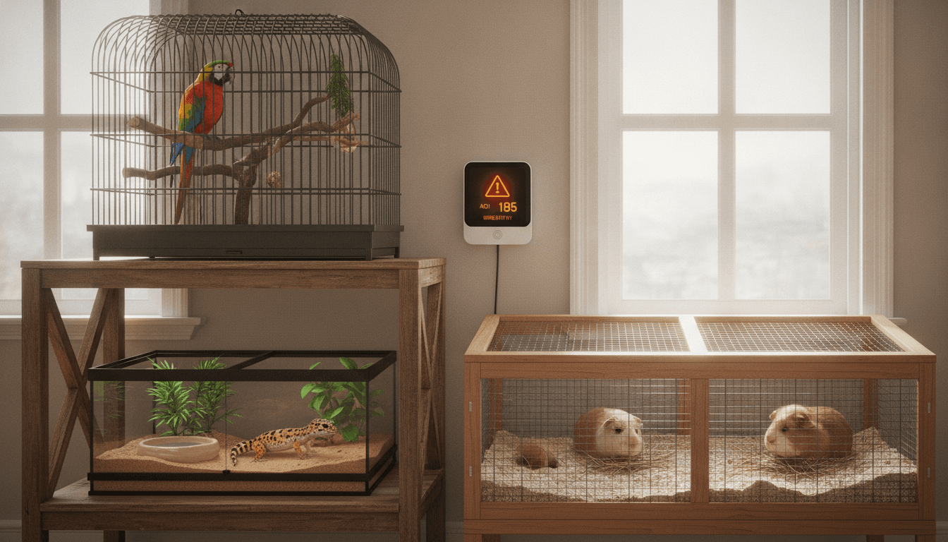A parrot, gecko terrarium, and guinea pig habitat indoors with an air quality monitor during smoky weather