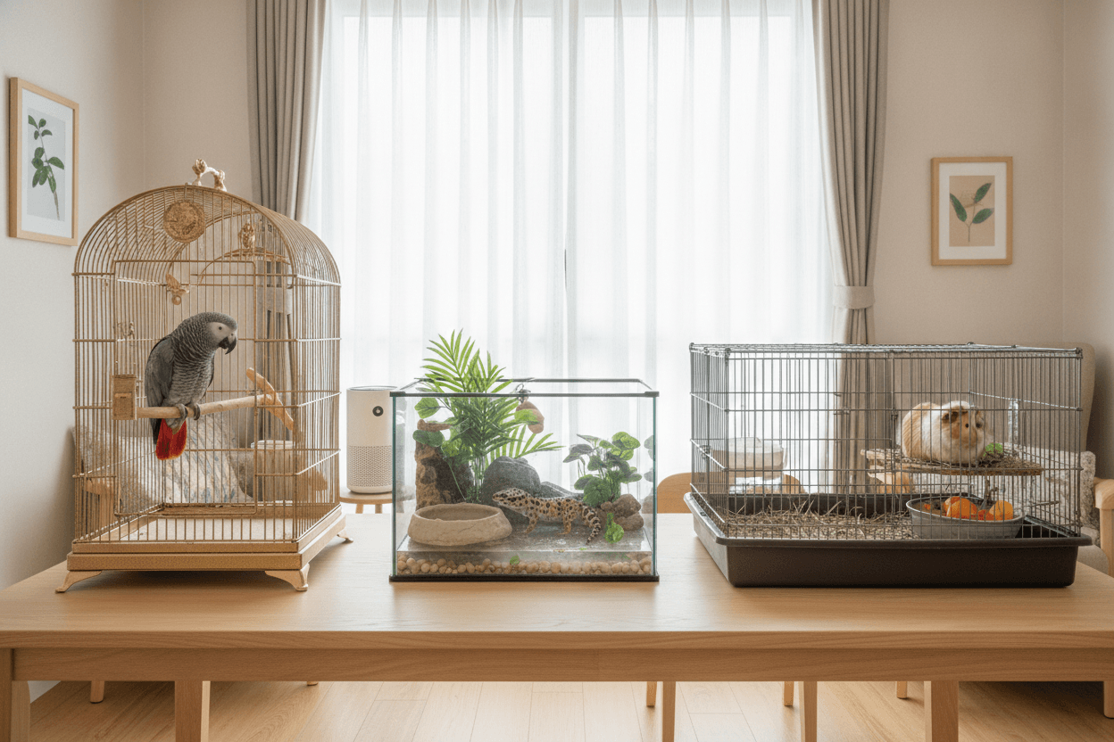A parrot, gecko, and guinea pig safely indoors while an air quality monitor shows a warning