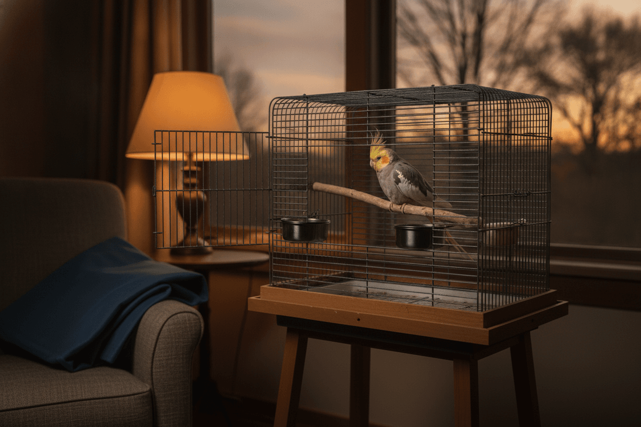 A relaxed cockatiel inside a secure indoor cage near a window at dusk