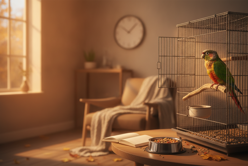 A pet bird near a calm autumn morning care station, illustrating planning for the fall clock change