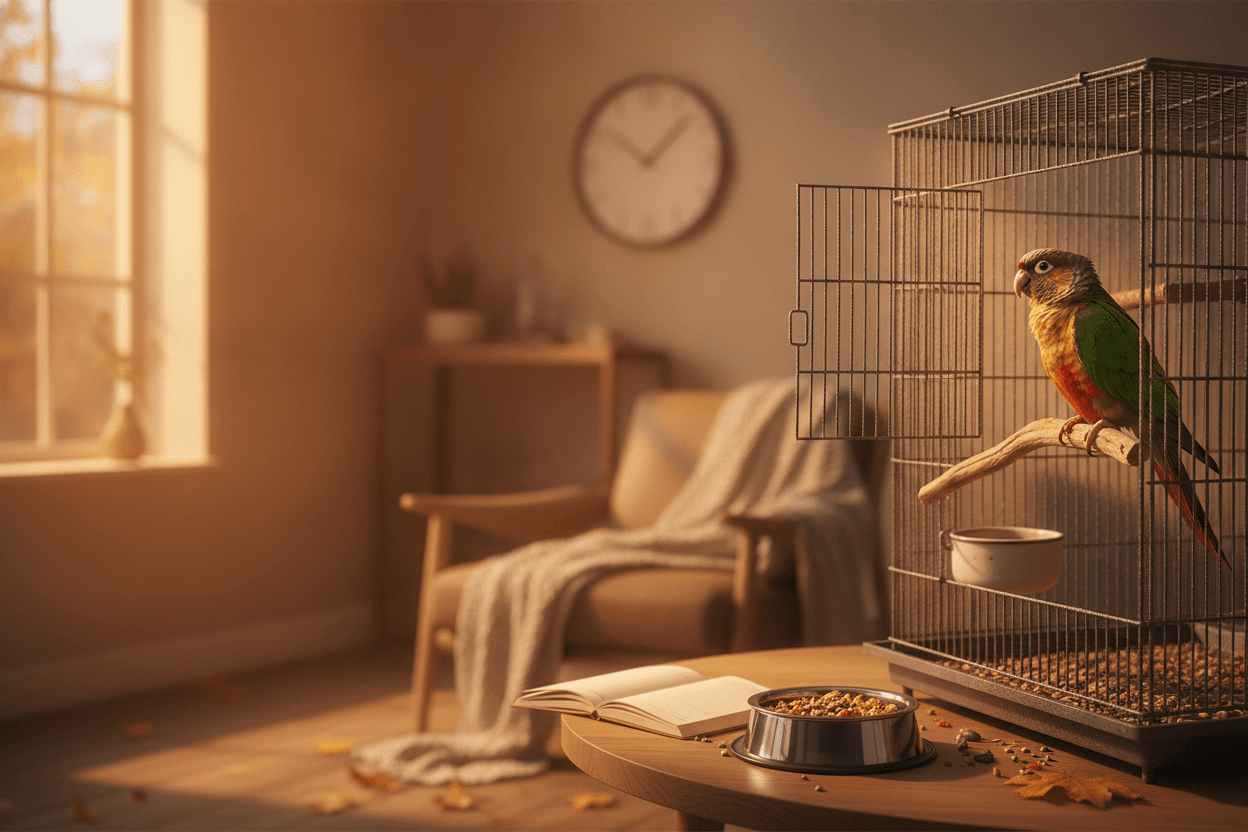 A pet bird near a calm autumn morning care station, illustrating planning for the fall clock change