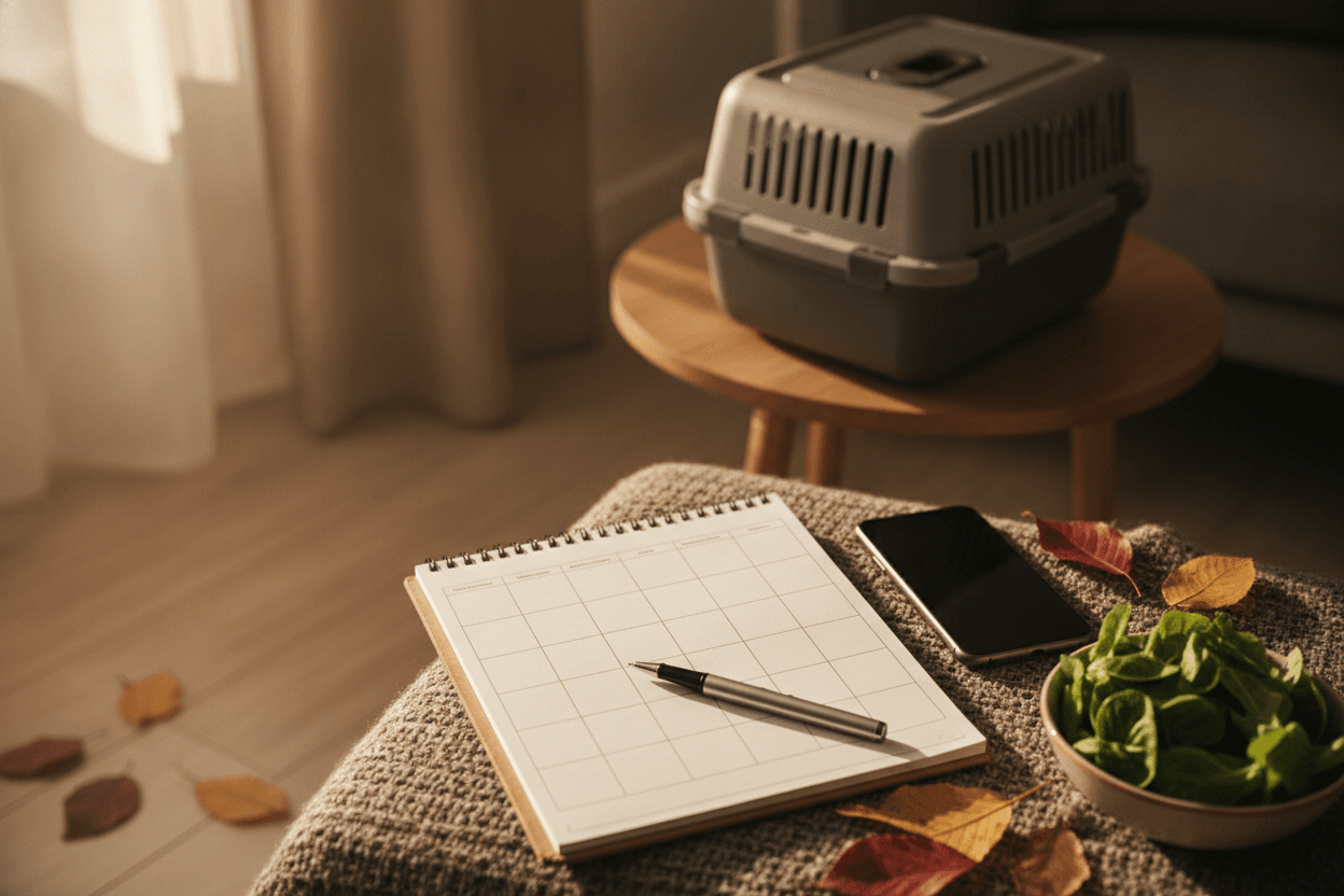 Blank weekly care planner with supplies prepared for a pet’s daily routine
