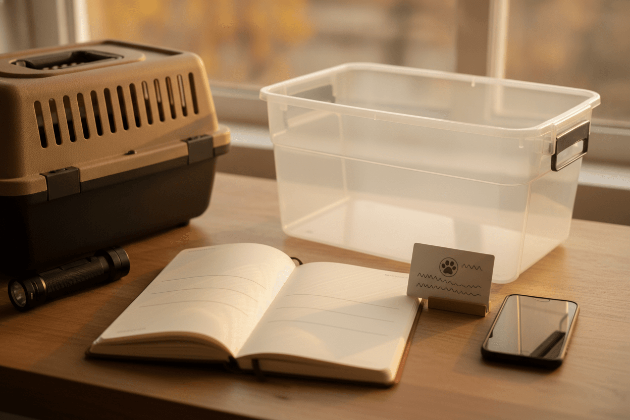 A calm emergency information kit with a carrier, phone, flashlight, and notebook
