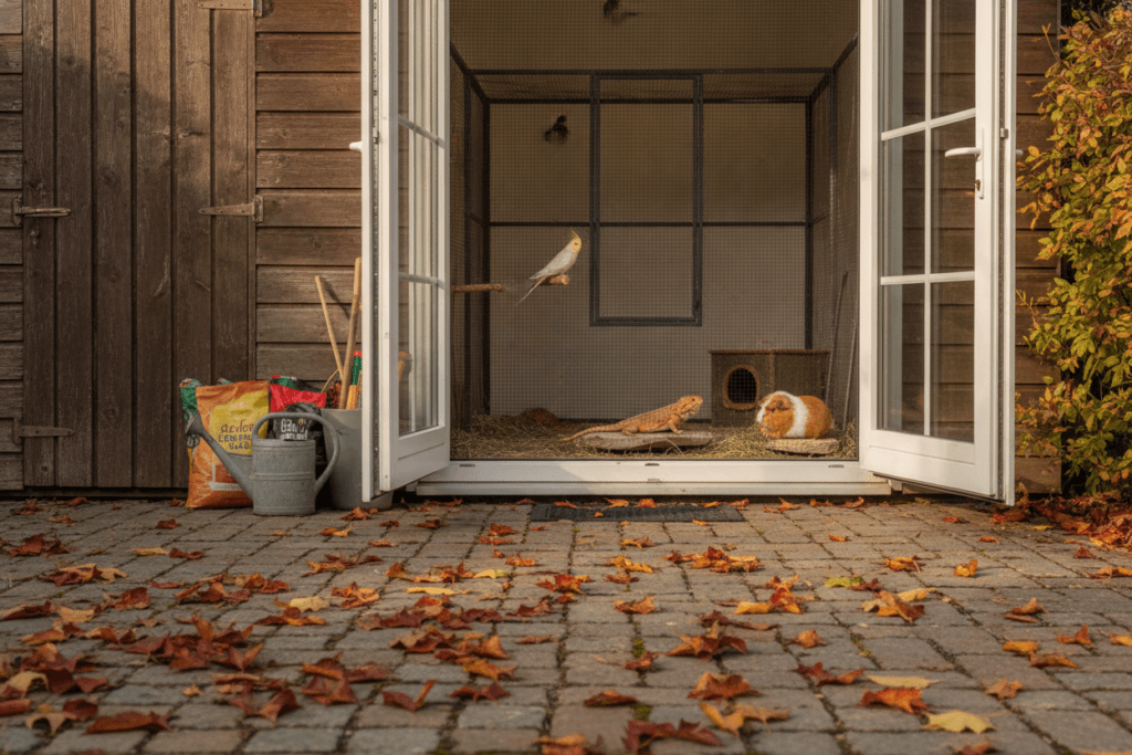 Autumn garden safety scene with exotic pet habitats safely indoors