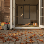 Autumn garden safety scene with exotic pet habitats safely indoors