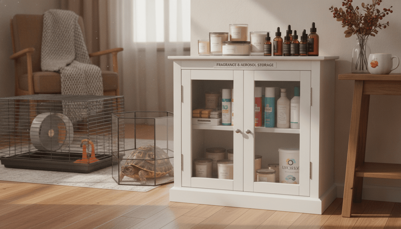 Closed cabinet storing candles, sprays, essential oils, and cleaning products away from pet habitats