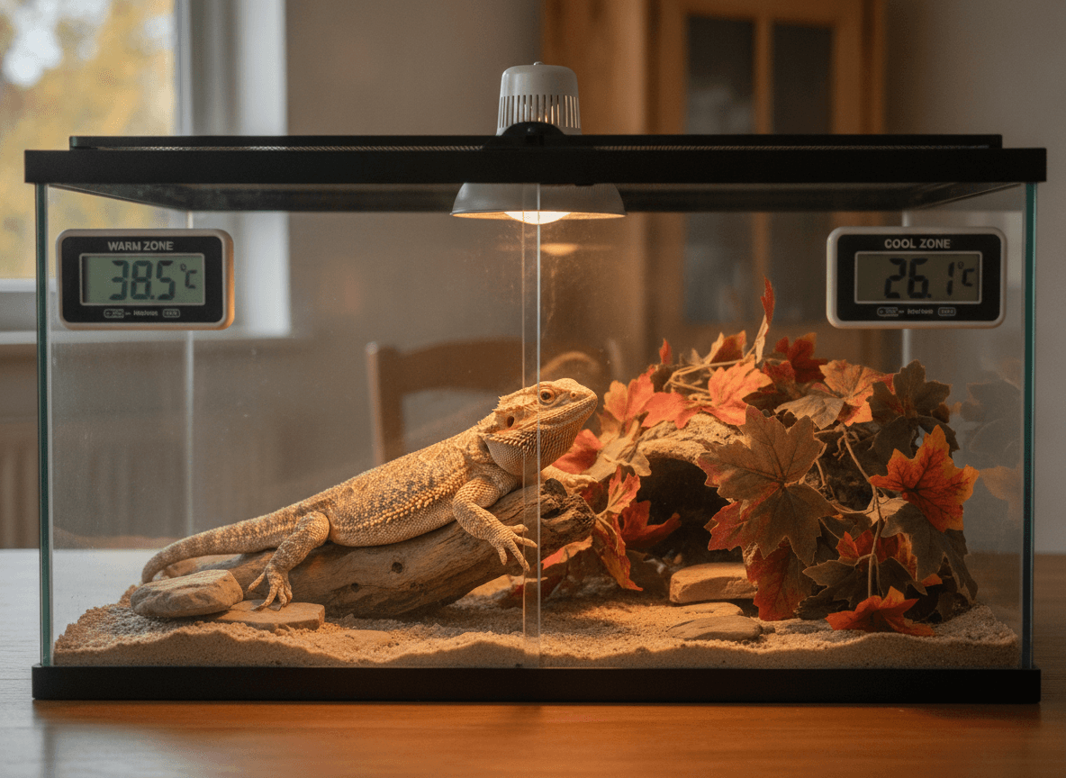 Digital thermometer and ventilation inspection inside a clean reptile enclosure