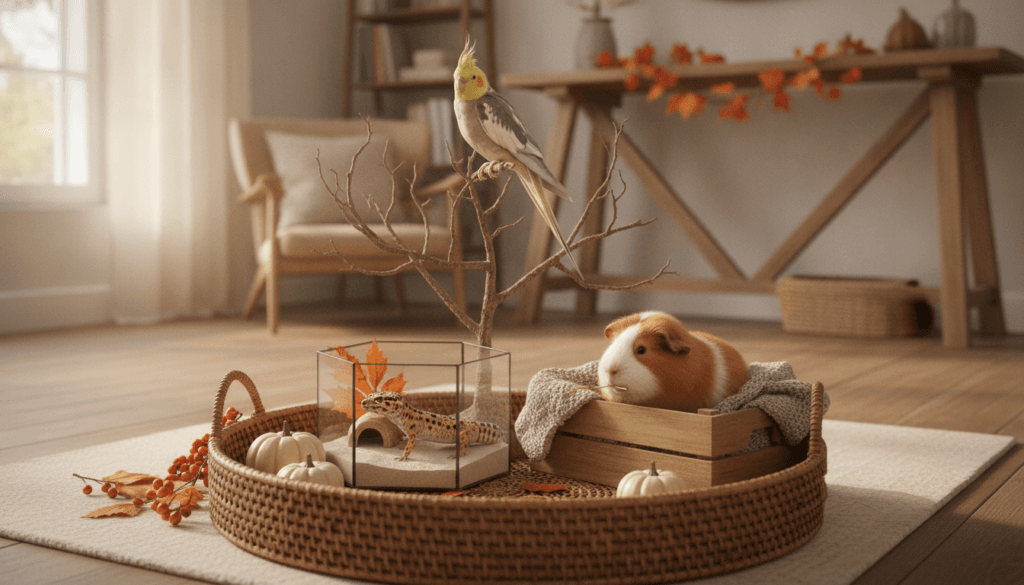 Calm bird, leopard gecko, and guinea pig safely indoors near autumn decorations