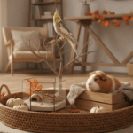 Calm bird, leopard gecko, and guinea pig safely indoors near autumn decorations