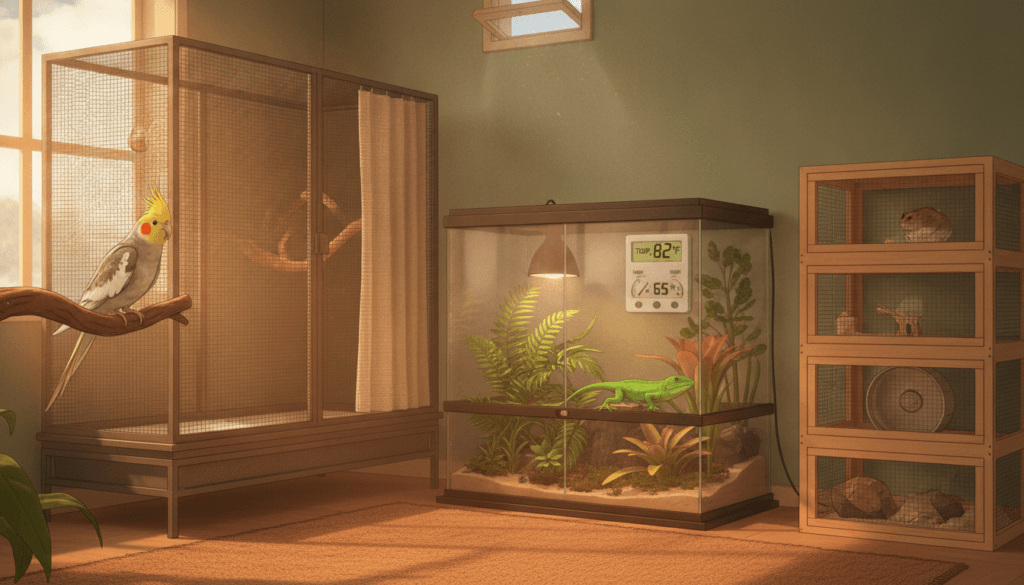 Indoor exotic pet habitats with air and humidity monitoring during autumn