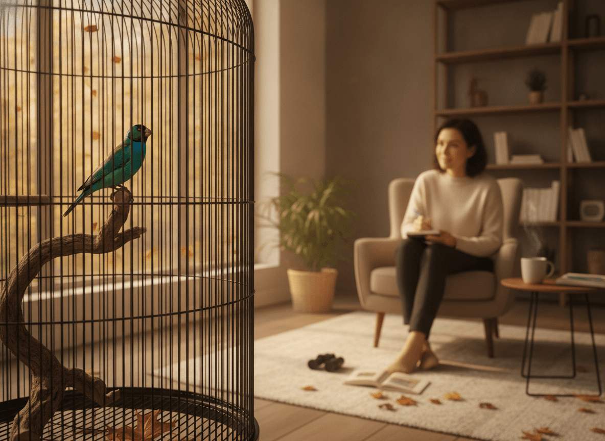 Owner calmly observing a small bird on a perch while taking notes