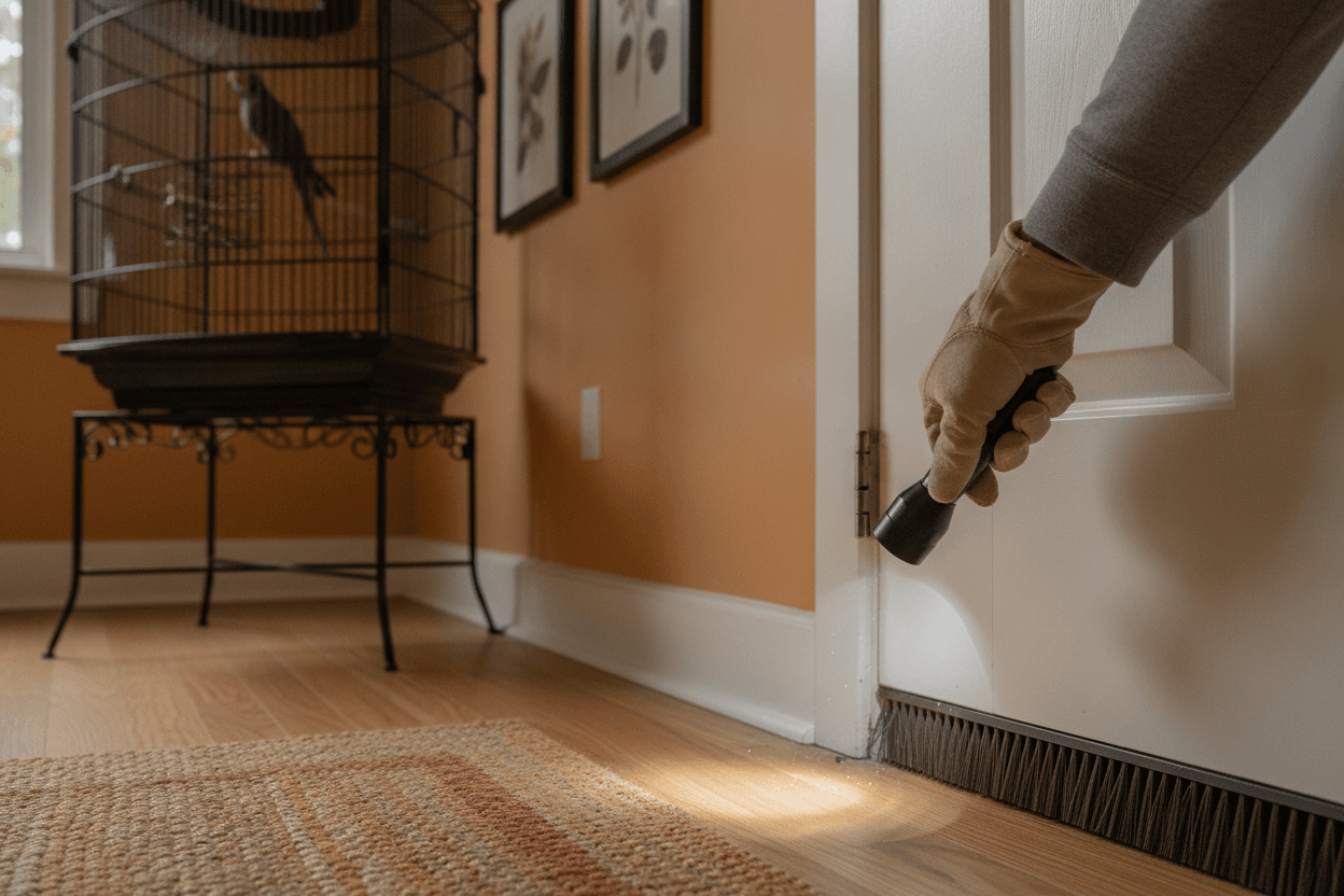 A household pest-exclusion inspection near a secure bird enclosure