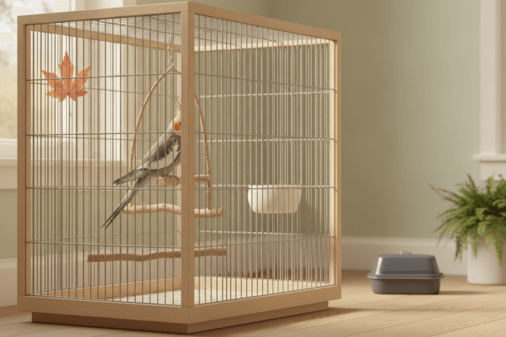 Cockatiel safely housed indoors during fall pest prevention, with pest-control products kept away.