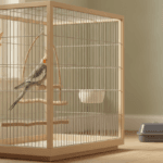 Cockatiel safely housed indoors during fall pest prevention, with pest-control products kept away.