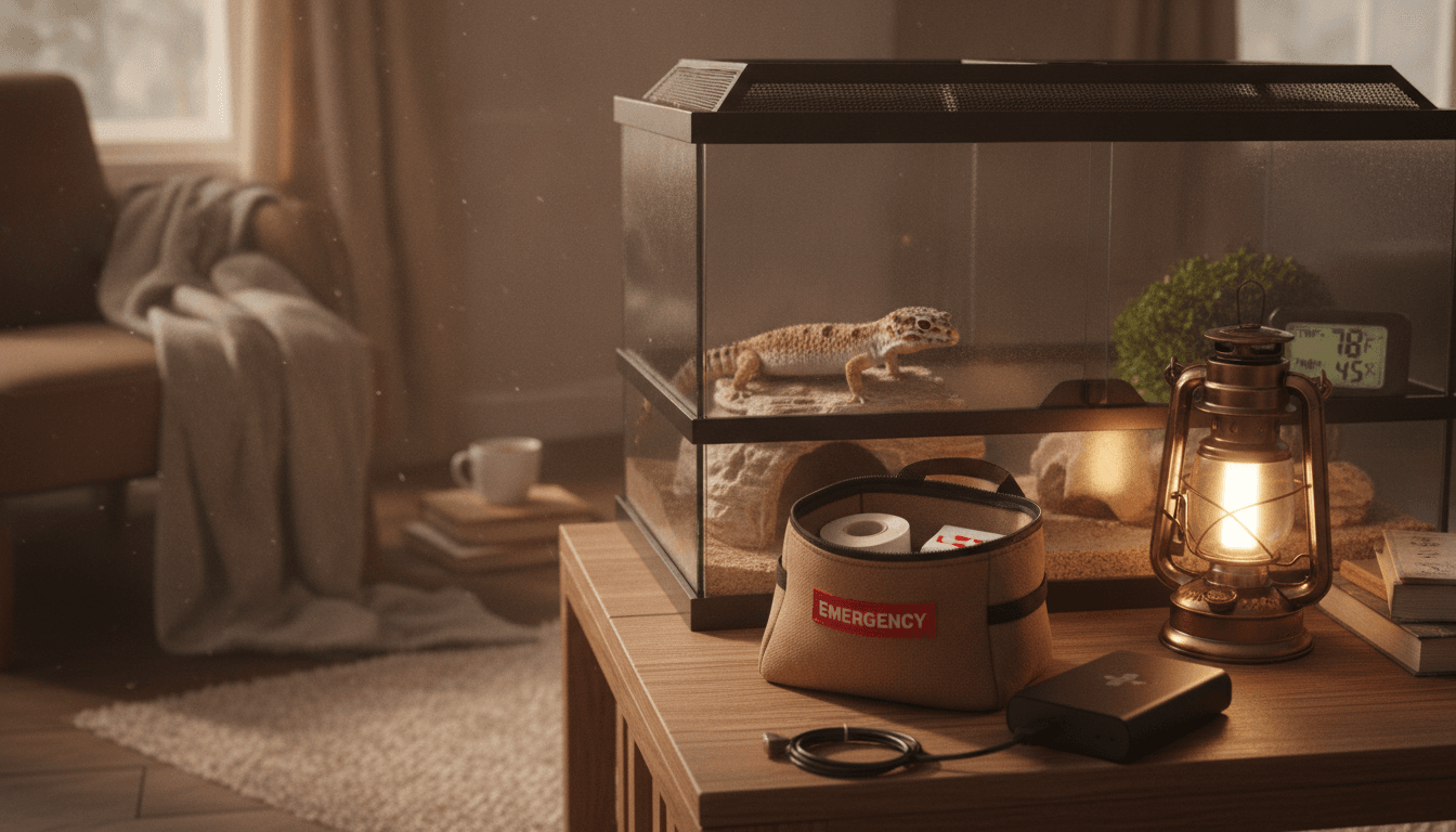 Emergency power outage supplies beside a secure terrarium for an exotic pet