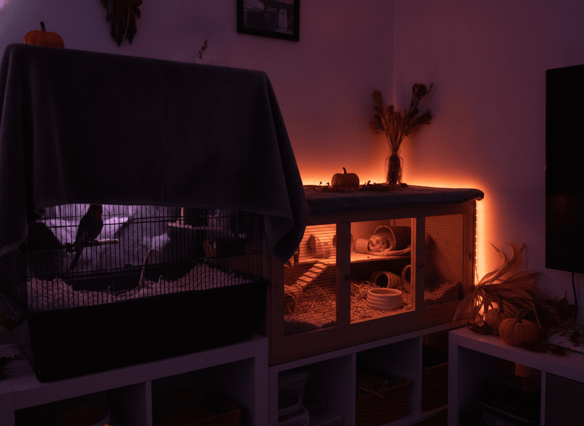 Quiet retreat area prepared for exotic pets during Halloween visitors