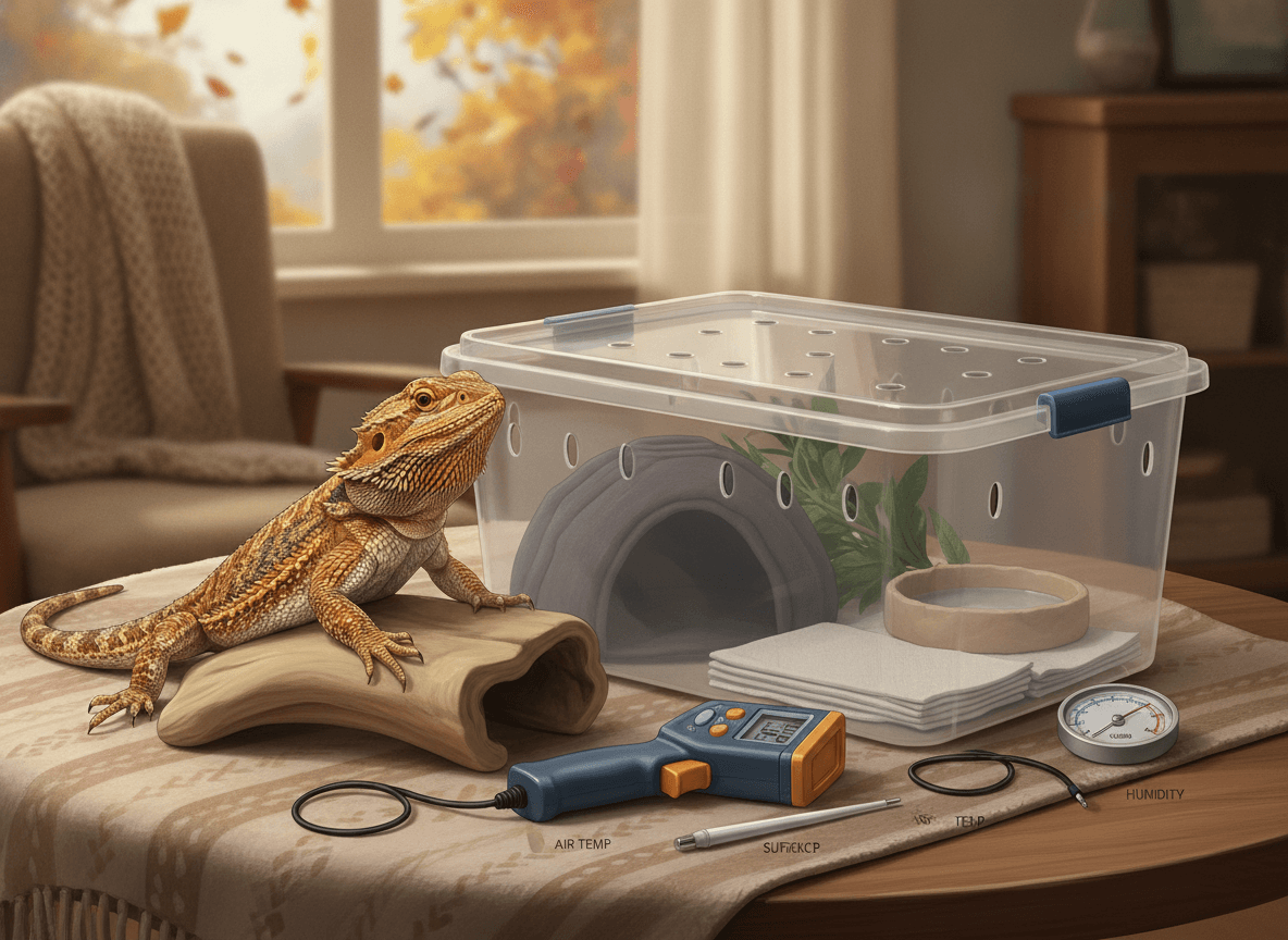 Bearded dragon beside a secure ventilated transport tub and temperature supplies