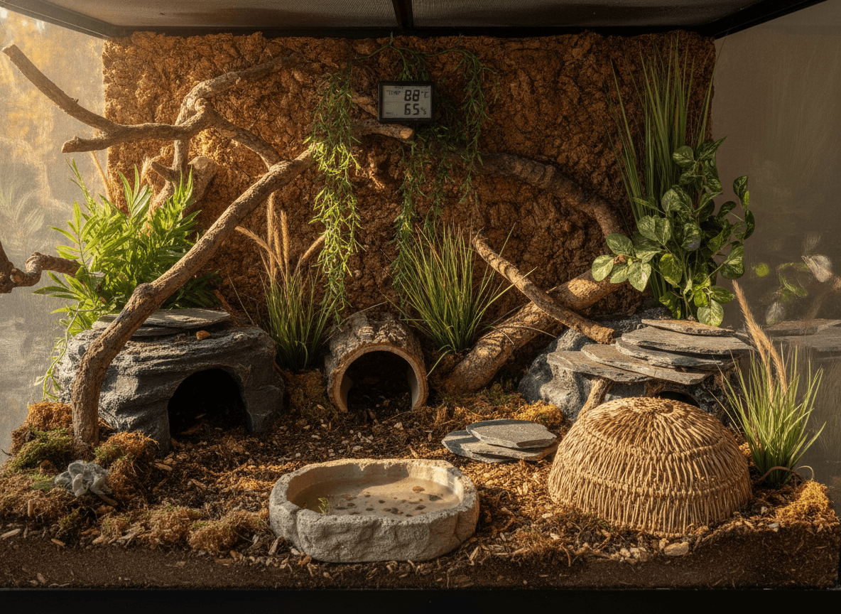 Reptile habitat with secure hides, climbing surfaces, foliage, and a temperature humidity gauge